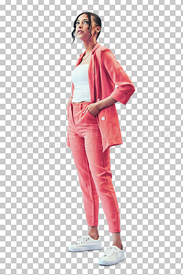 Fashion, beauty and woman in suit isolated on transparent png background, thinking creative and confident in style. Casual professional, body and girl in trendy designer clothes for model in business