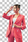 Fashion, thinking and woman in suit isolated on transparent png background, creative beauty and confident in style. Casual professional, pose and girl in trendy designer clothes for model in business