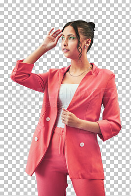 Fashion, thinking and woman in suit isolated on transparent png background, creative beauty and confident in style. Casual professional, pose and girl in trendy designer clothes for model in business