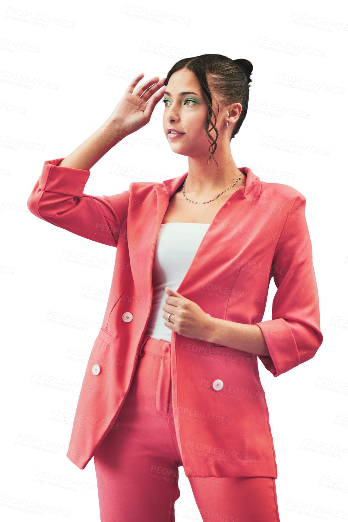 Buy stock photo Fashion, thinking and woman in suit isolated on transparent png background, creative beauty and confident in style. Casual professional, pose and girl in trendy designer clothes for model in business