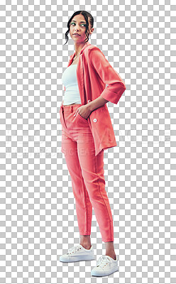 Fashion, woman and face with suit and makeup for thinking, ideas or aesthetic on a png transparent background. Person, confidence and trendy outfit or clothes for creative style and hand in pocket