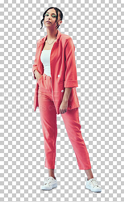 Woman, fashion and face with suit and makeup for thinking, ideas or aesthetic on a png transparent background. Person, happiness and trendy outfit or clothes for creative style and hand in pocket