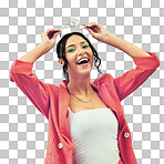 Portrait, smile and princess tiara with a woman isolated on transparent background for freedom or royalty. Crown, energy and fashion with a happy young model on PNG in celebration as a pageant winner