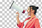 Isolated woman, megaphone and shout in profile for deal, sales or promo by transparent png background. Gen z girl, bullhorn and scream for protest, voice or opinion for sound, audio or noise for news