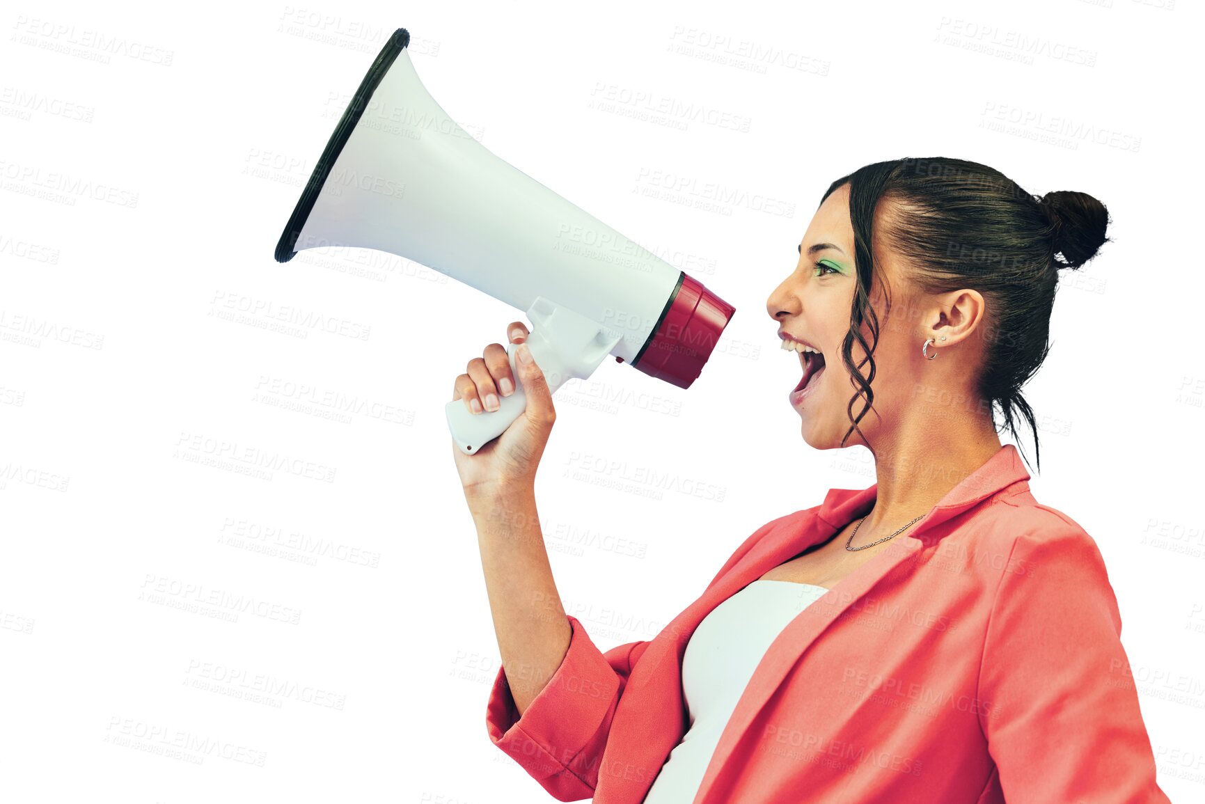 Buy stock photo Isolated woman, megaphone and shout in profile for deal, sales or promo by transparent png background. Gen z girl, bullhorn and scream for protest, voice or opinion for sound, audio or noise for news