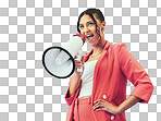 Isolated woman, megaphone and scream announcement for deal, sale or promo by transparent png background. Gen z girl, bullhorn or shout for protest, voice or vote with sound, fashion or noise for news