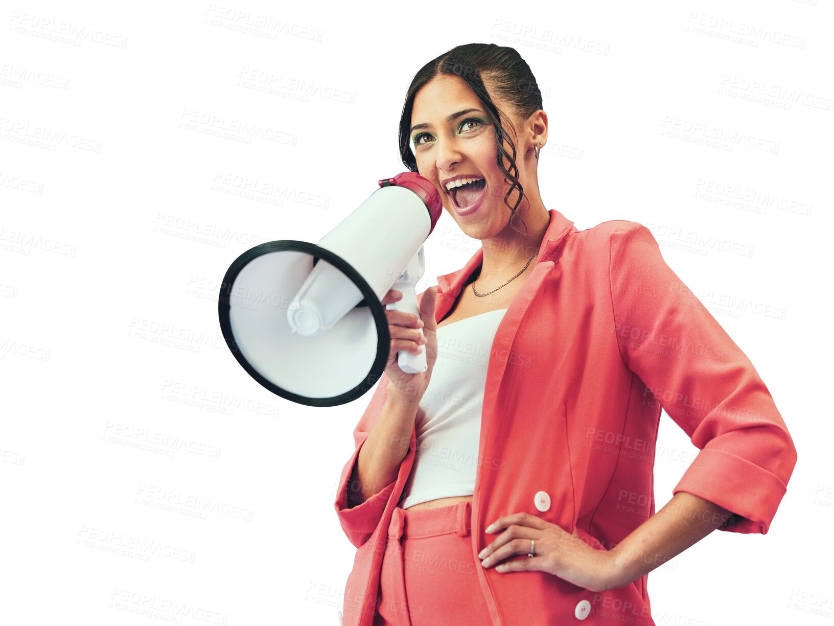 Buy stock photo Isolated woman, megaphone and scream announcement for deal, sale or promo by transparent png background. Gen z girl, bullhorn or shout for protest, voice or vote with sound, fashion or noise for news