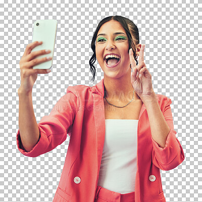 Isolated woman, selfie and excited with peace sign for fashion, makeup or web blog by transparent png background. Gen z girl, influencer or icon for memory, photography or profile picture in clothes