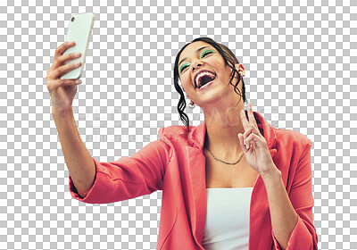 Buy stock photo Isolated woman, selfie and happy with peace sign for fashion, makeup or web blog by transparent png background. Gen z girl, influencer or icon for memory, photography or social media app in clothes