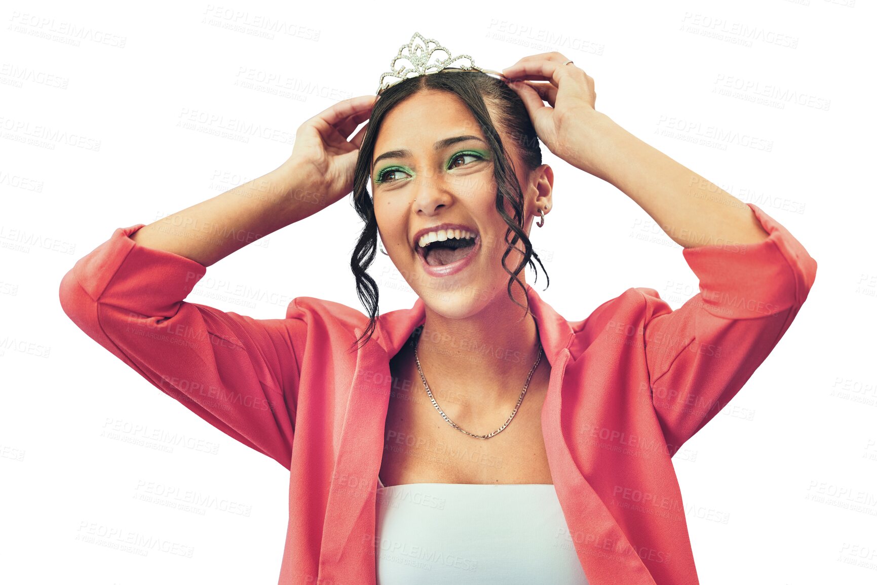 Buy stock photo Excited queen, crown winner and woman isolated on a transparent png background. Royalty, tiara and happy princess thinking of makeup, cosmetics and success at prom, fashion party and luxury event