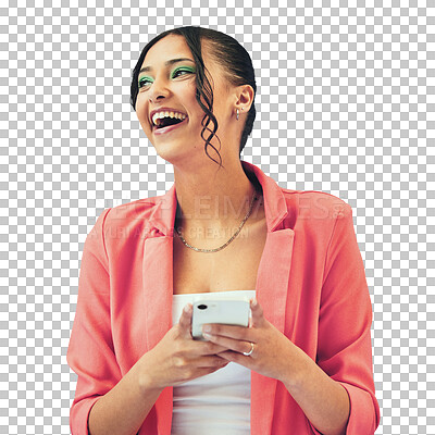 Happy woman, phone and laughing for funny joke or social media isolated on a transparent PNG background. Female person, gen z or model smile in online texting, typing or chatting on mobile smartphone
