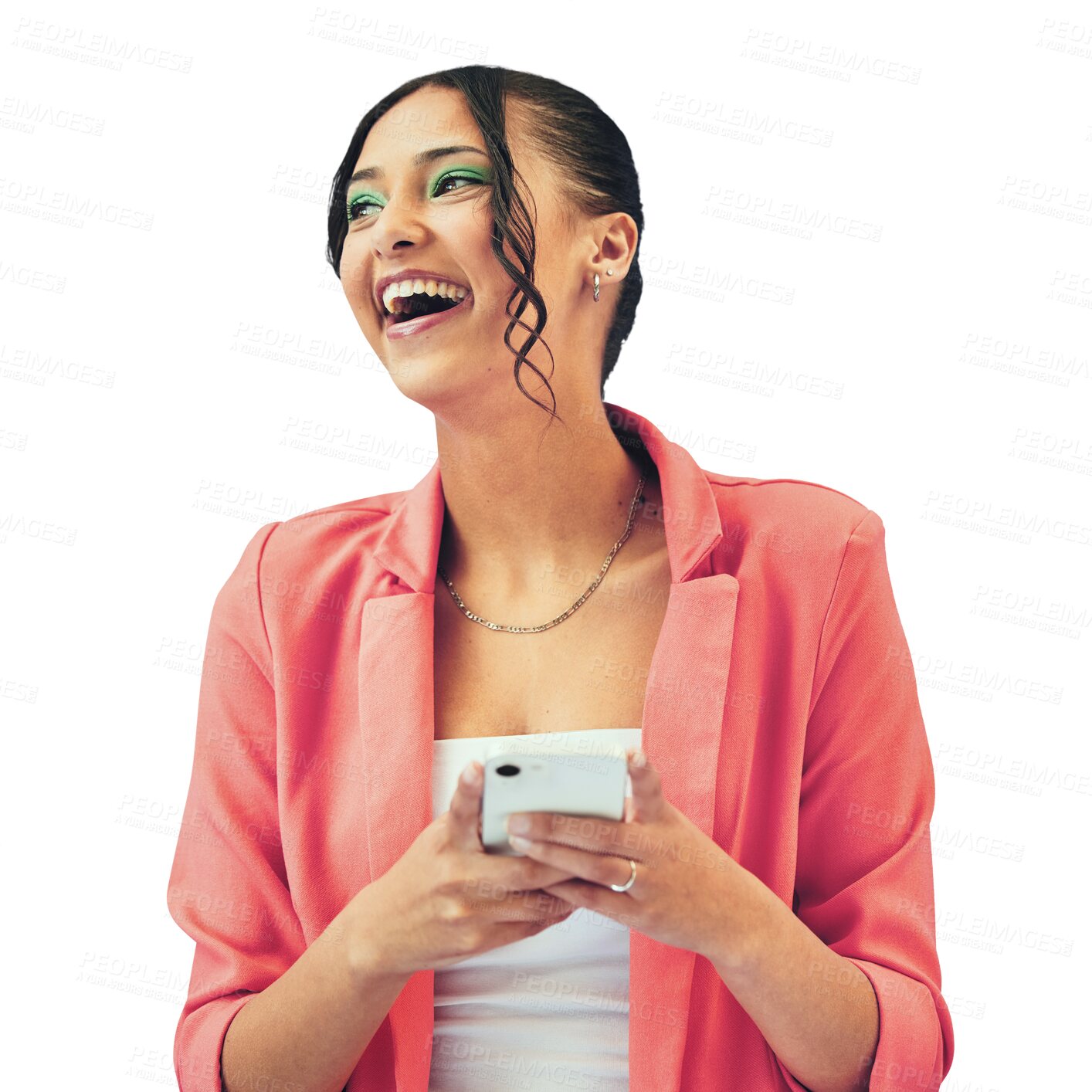 Buy stock photo Happy woman, phone and laughing for funny joke or social media isolated on a transparent PNG background. Female person, gen z or model smile in online texting, typing or chatting on mobile smartphone