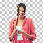 Happy woman, phone and laughing for funny social media isolated on a transparent PNG background. Female person, gen z or model smile for online texting, typing or chatting on mobile smartphone app