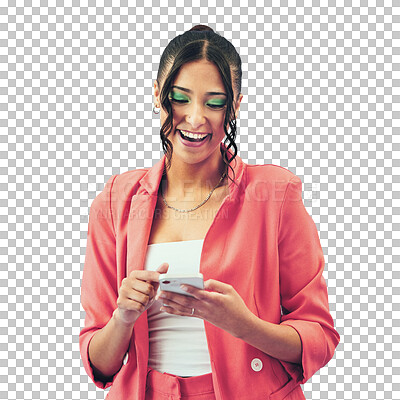 Happy woman, phone and laughing for funny social media isolated on a transparent PNG background. Female person, gen z or model smile for online texting, typing or chatting on mobile smartphone app