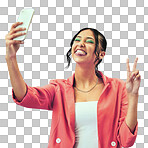 Isolated woman, selfie and tongue with peace sign for fashion, makeup or web blog by transparent png background. Gen z girl, influencer or icon for memory, photography or profile picture in clothes