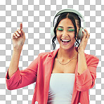 Happy woman, headphones and dancing to music isolated on a transparent PNG background. Excited female person smile, enjoying or listening in audio streaming, sound track or online podcast or playlist