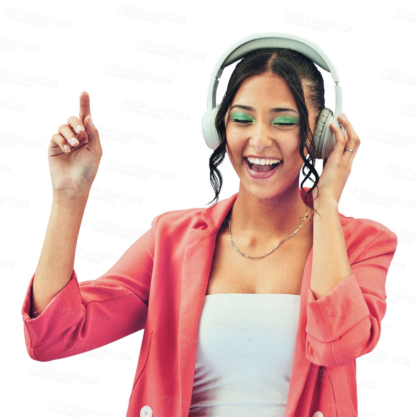 Buy stock photo Happy woman, headphones and dancing to music isolated on a transparent PNG background. Excited female person smile, enjoying or listening in audio streaming, sound track or online podcast or playlist