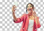 Isolated woman, selfie and peace sign for fashion, makeup or style on web blog by transparent png background. Gen z girl, influencer or icon for memory, photography or profile picture in edgy clothes