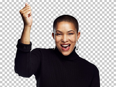 Buy stock photo Happy, fist and portrait of woman with winner, dance or celebration on isolated, transparent or png background. Wow, news and freedom with face of person with emoji hands, music or feel good success