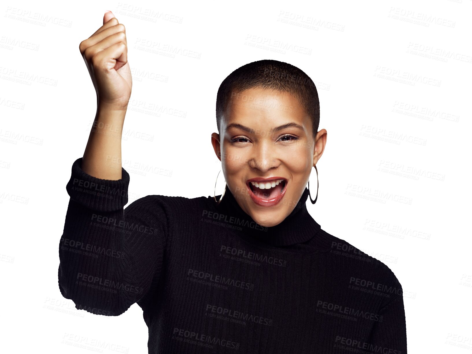 Buy stock photo Happy, fist and portrait of woman with winner, dance or celebration on isolated, transparent or png background. Wow, news and freedom with face of person with emoji hands, music or feel good success