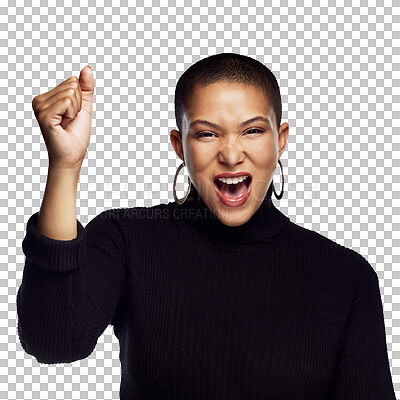 Buy stock photo Woman, portrait and fist for protest, power and gender equality, justice or voice, wow and yes. Face of african person or opinion fight for change or action isolated on transparent png background