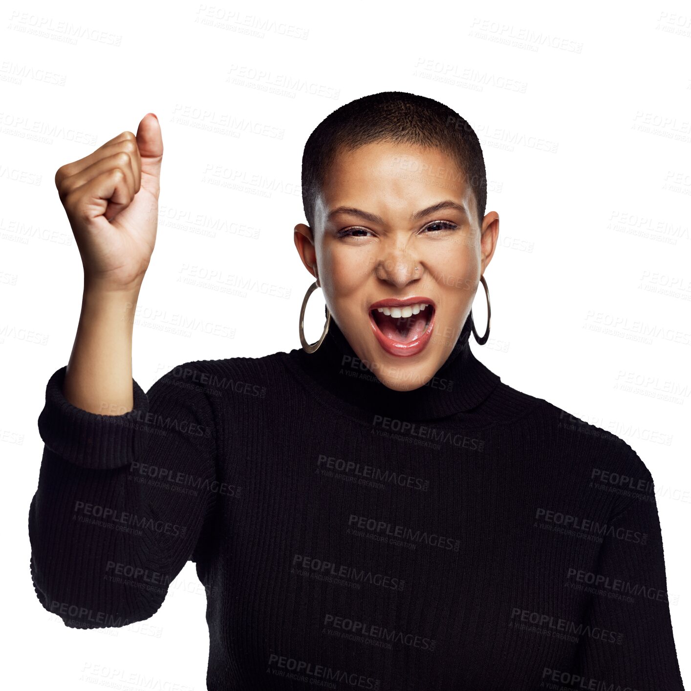 Buy stock photo Woman, portrait and fist for protest, power and gender equality, justice or voice, wow and yes. Face of african person or opinion fight for change or action isolated on transparent png background