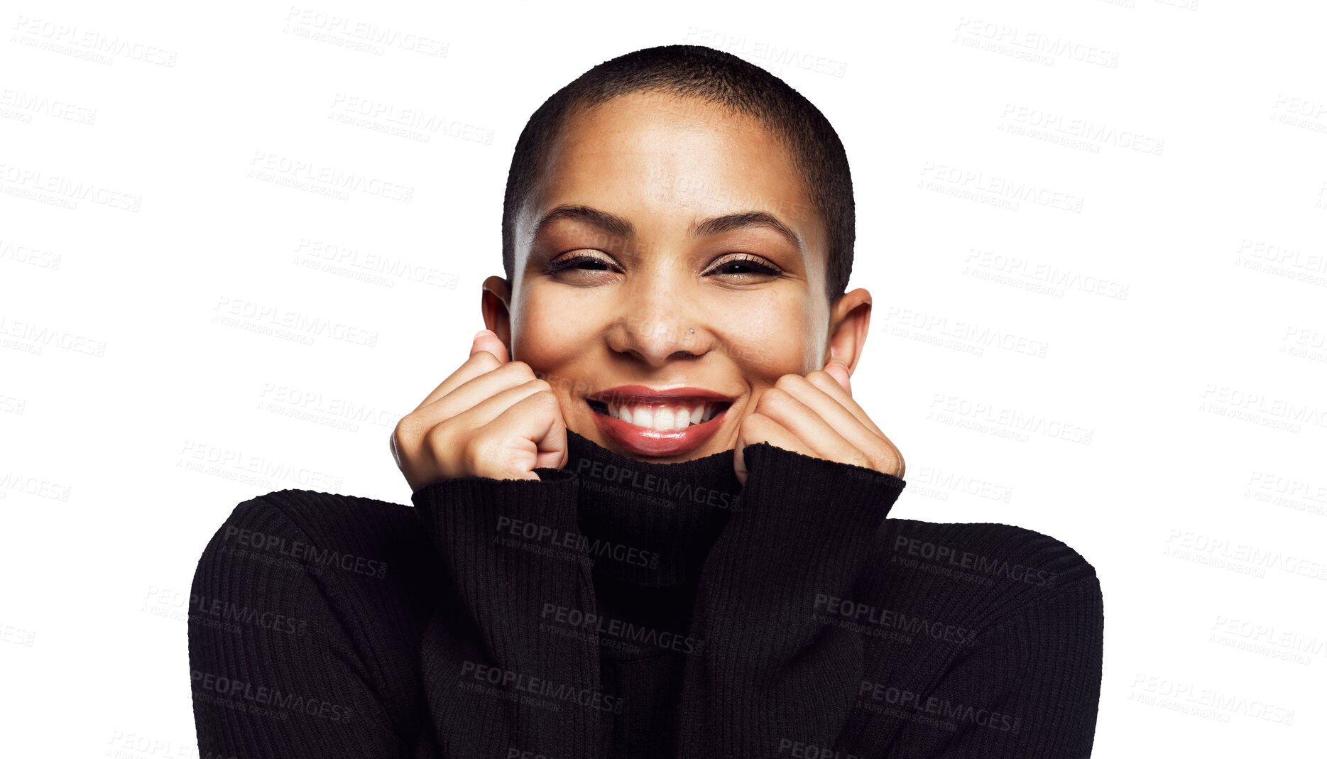 Buy stock photo Woman, portrait and sweater with hands on face for winter fashion isolated transparent, png background. Shy and happy african person or model hiding in jersey for secret, soft knitwear and clothes