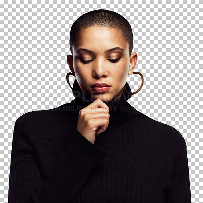 Buy stock photo Fashion, natural beauty or woman with confidence isolated on a transparent PNG background. Eyes closed, casual outfit or biracial female person with makeup in Nigeria with modern, style and clothing