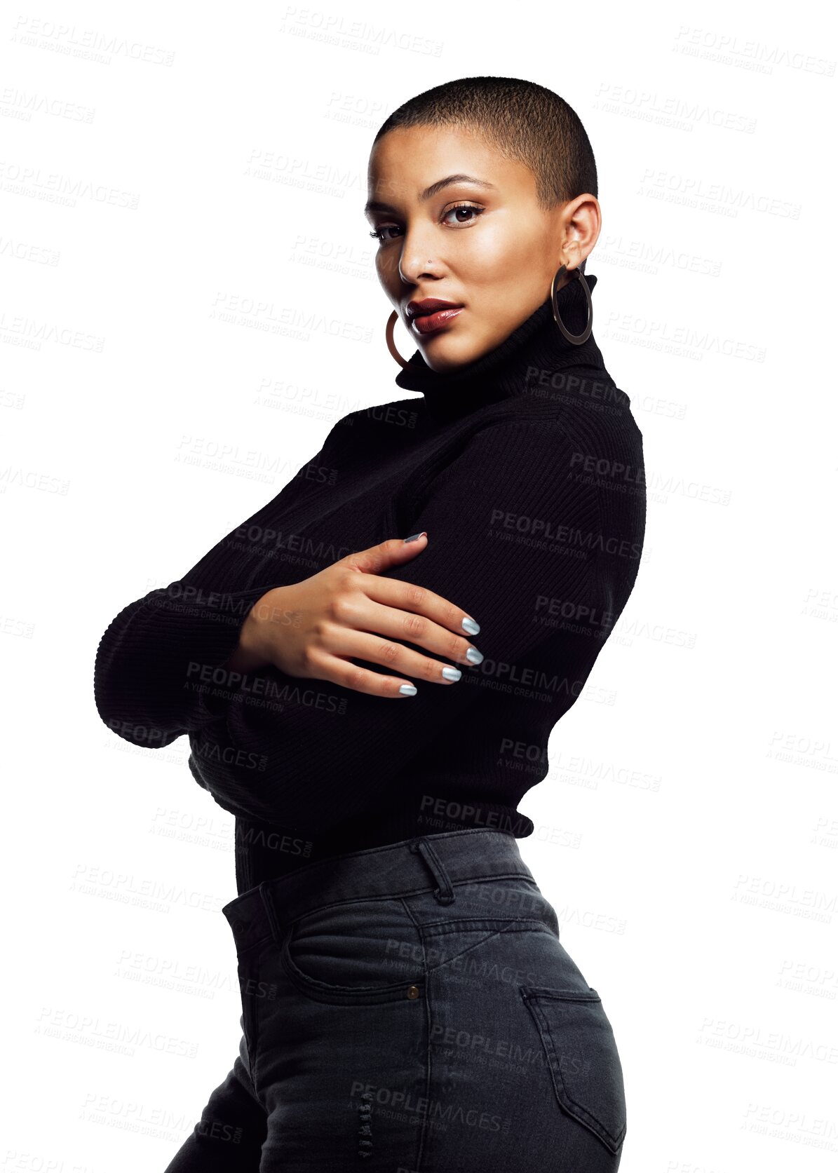 Buy stock photo Face, woman and smile with arms crossed for winter fashion or style isolated on a png transparent background. Portrait, person and confidence with casual and trendy clothes, stylish and beauty glow