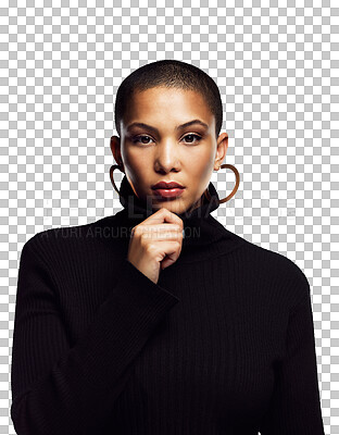 Buy stock photo Fashion, natural beauty or portrait of woman with confidence isolated on a transparent PNG background. Face, casual clothes or biracial female person with makeup in New York with modern style outfit