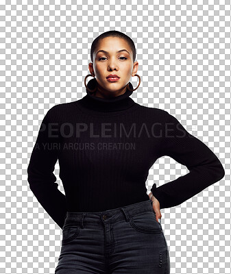 Buy stock photo Fashion, natural beauty or portrait of bald woman with confidence isolated on a transparent PNG background. Face, casual clothes or biracial person with makeup in New York with modern style outfit