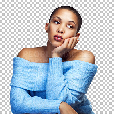 Buy stock photo Fashion, natural beauty or woman thinking of confidence isolated on a transparent PNG background. Bald, bored girl or cool biracial female person with makeup in Nigeria with modern style or outfit