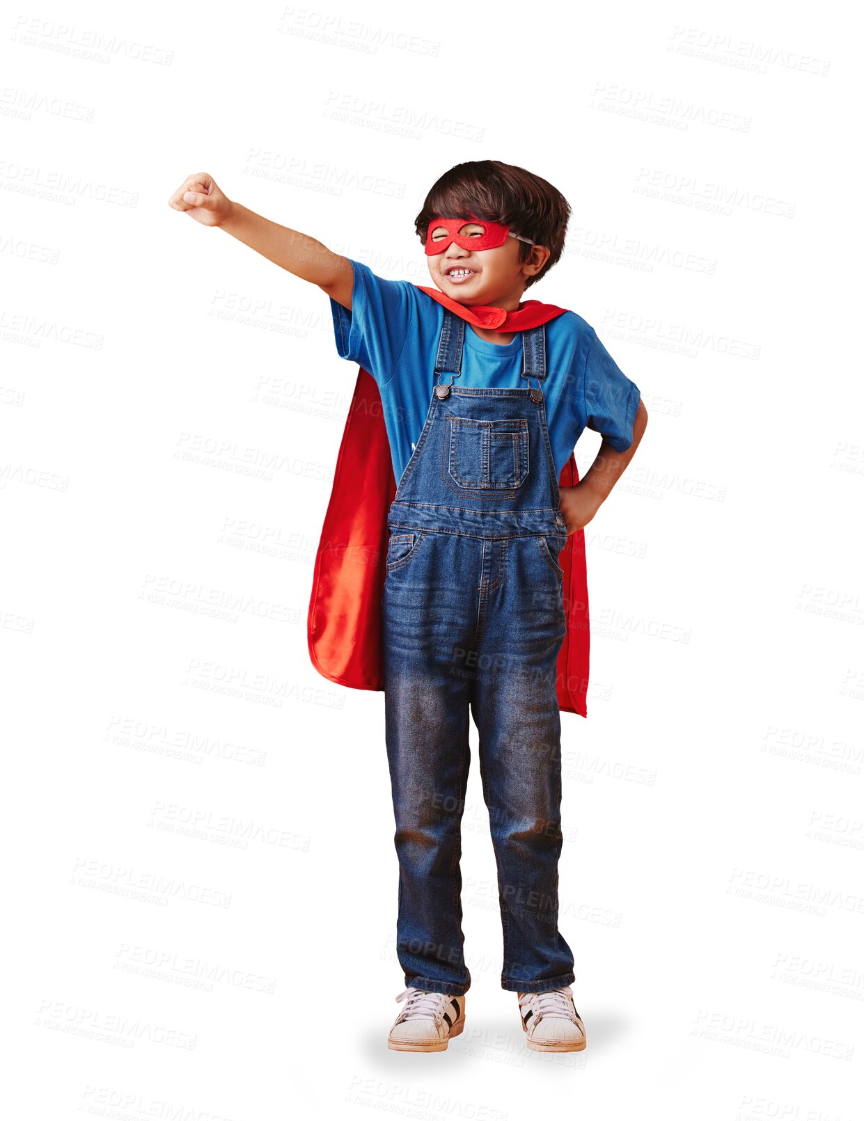 Buy stock photo Cute boy, smile and superhero costume with mask, cape and raised hand gesture for halloween party. Asian child, comic character or fantasy with games, happy and isolated on transparent png background