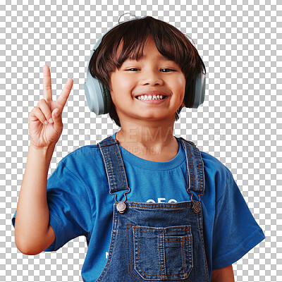 Buy stock photo Peace sign, music and happy portrait of child listening to headphones sound, youth podcast or radio network. Happiness, emoji v sign and Asian kid smile for audio song on transparent, png background