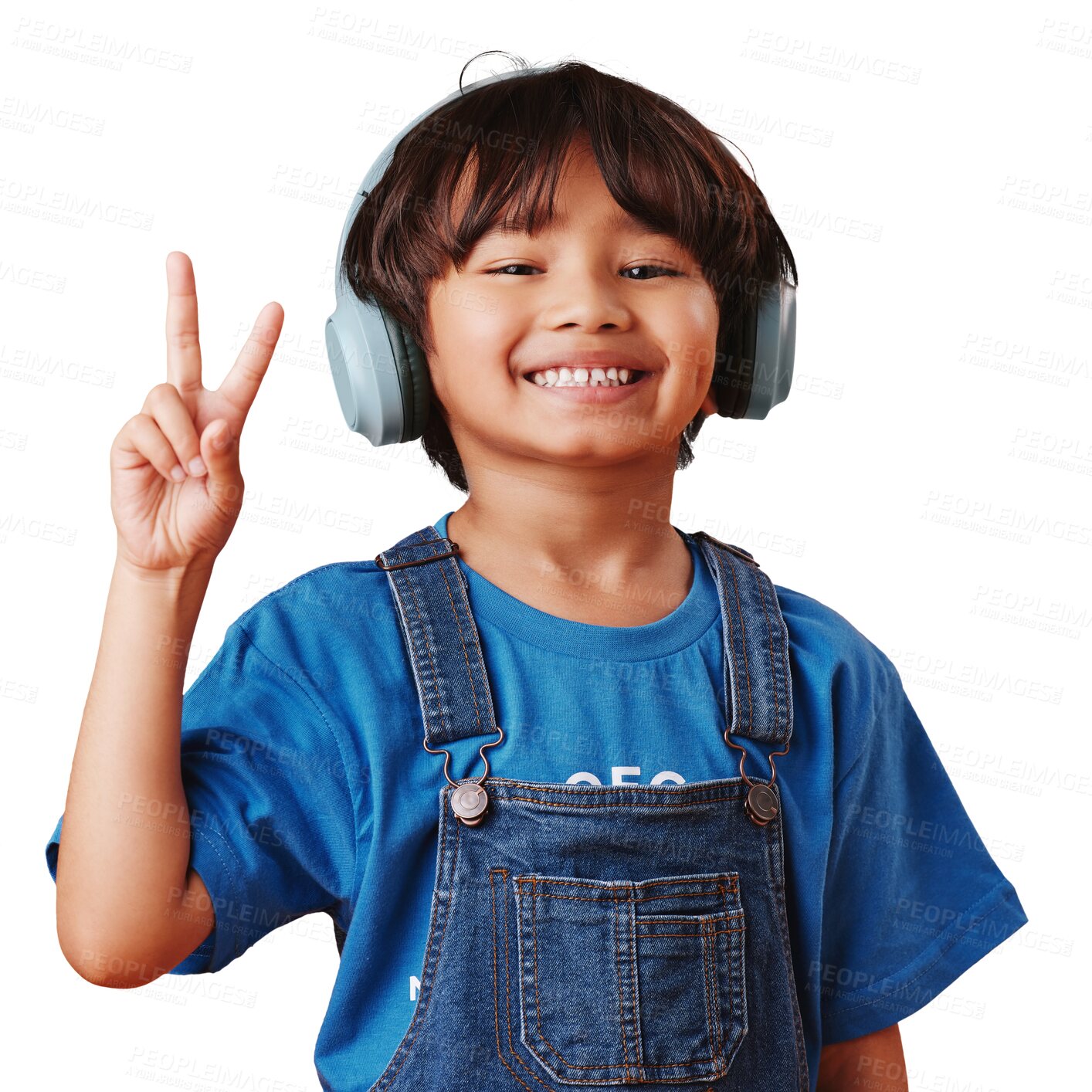 Buy stock photo Peace sign, music and happy portrait of child listening to headphones sound, youth podcast or radio network. Happiness, emoji v sign and Asian kid smile for audio song on transparent, png background