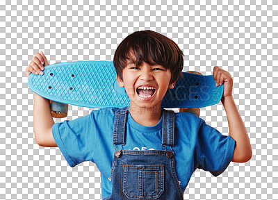 Buy stock photo Skateboard, happy and portrait of boy child with casual, cool and trendy outfit for fun. Smile, excited and cute Asian kid model or skater with adorable style isolated by transparent png background.