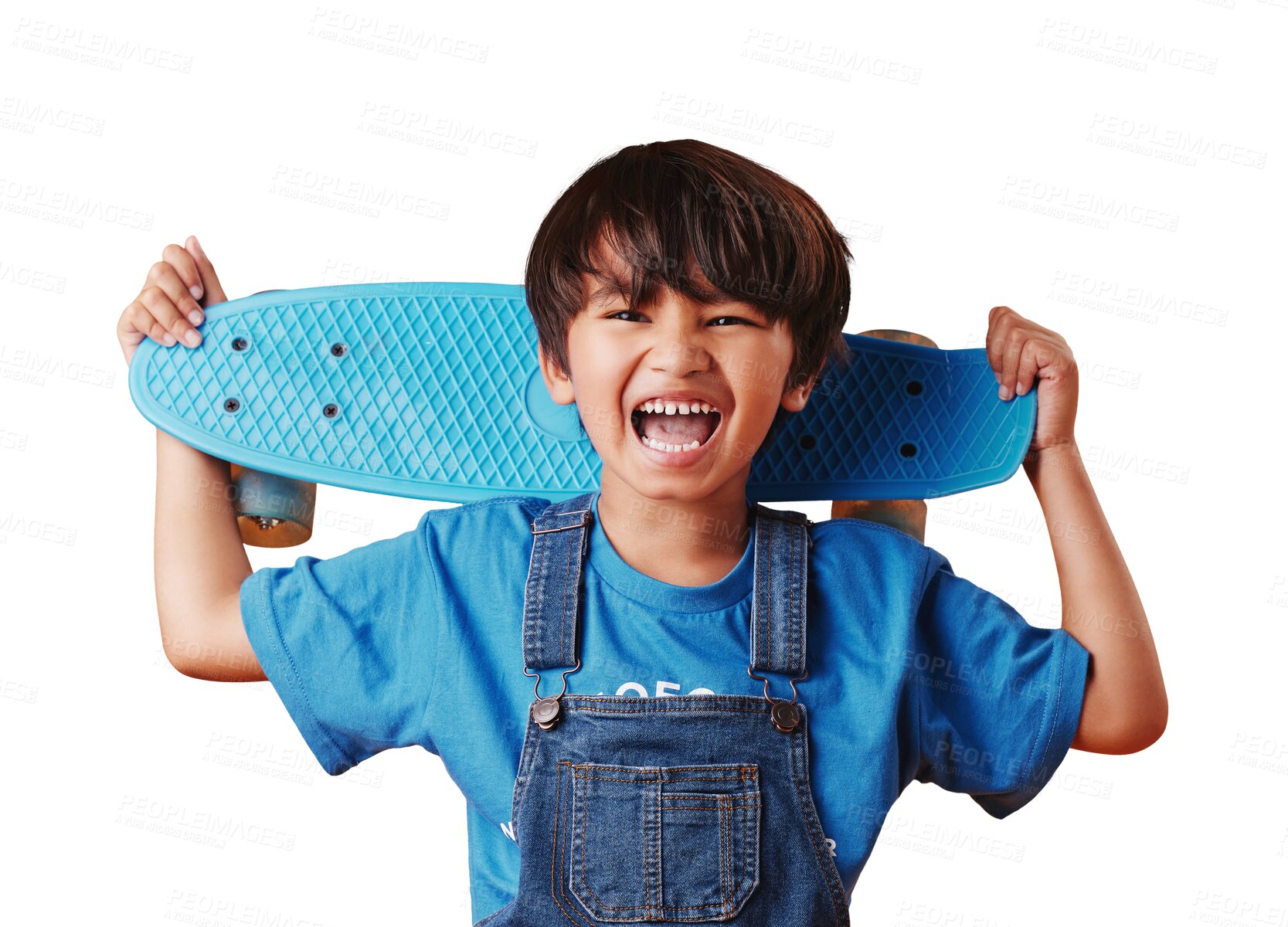 Buy stock photo Skateboard, happy and portrait of boy child with casual, cool and trendy outfit for fun. Smile, excited and cute Asian kid model or skater with adorable style isolated by transparent png background.