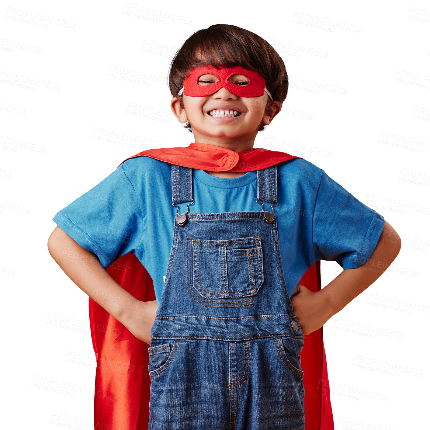 Buy stock photo Superhero mask, portrait and child smile for pretend games, having fun and imagine fantasy, comic hero or crime fighting. Halloween costume, power pose and cosplay kid on transparent, png background