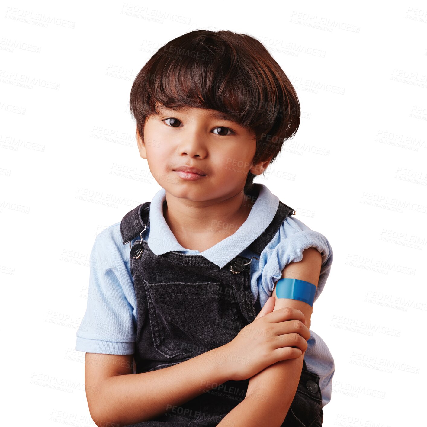 Buy stock photo Portrait, boy child and vaccine, plaster on wound and healthcare isolated on png transparent background. Medicine, bandage and sad kid after immunization injection for safety with health and anatomy