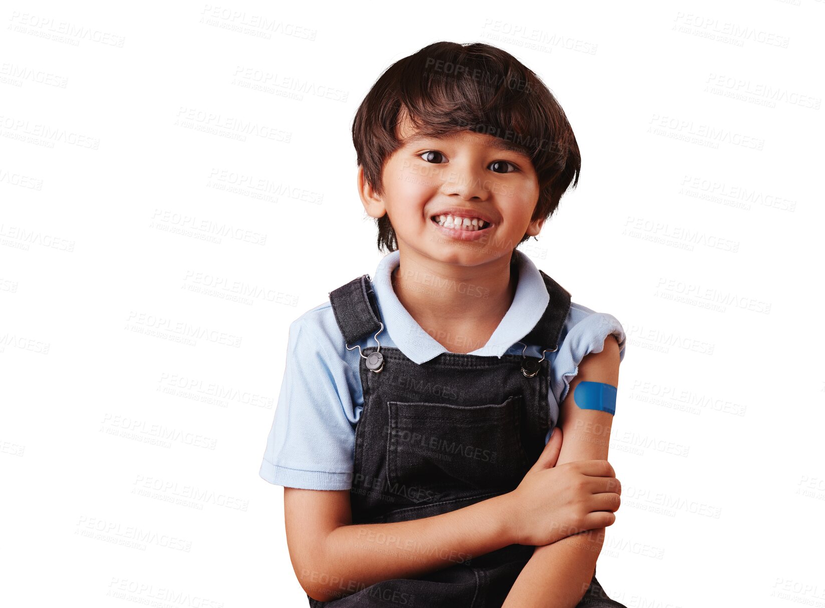 Buy stock photo Happiness, portrait and young child with plaster for health security, wellness and safety first aid for medical emergency. Healthcare, injury and Asian kid with bandage on transparent, png background