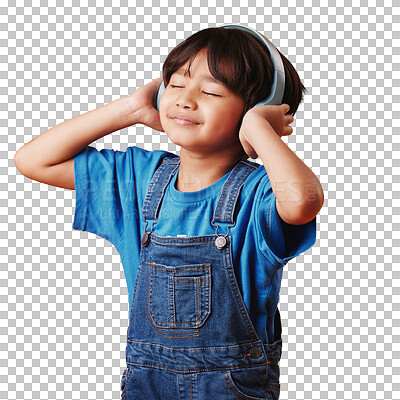 Buy stock photo Music, headphones and kid listening to sound isolated on a transparent png background. Happy child streaming radio, hearing podcast and relax to audio, hip hop or multimedia on internet for freedom