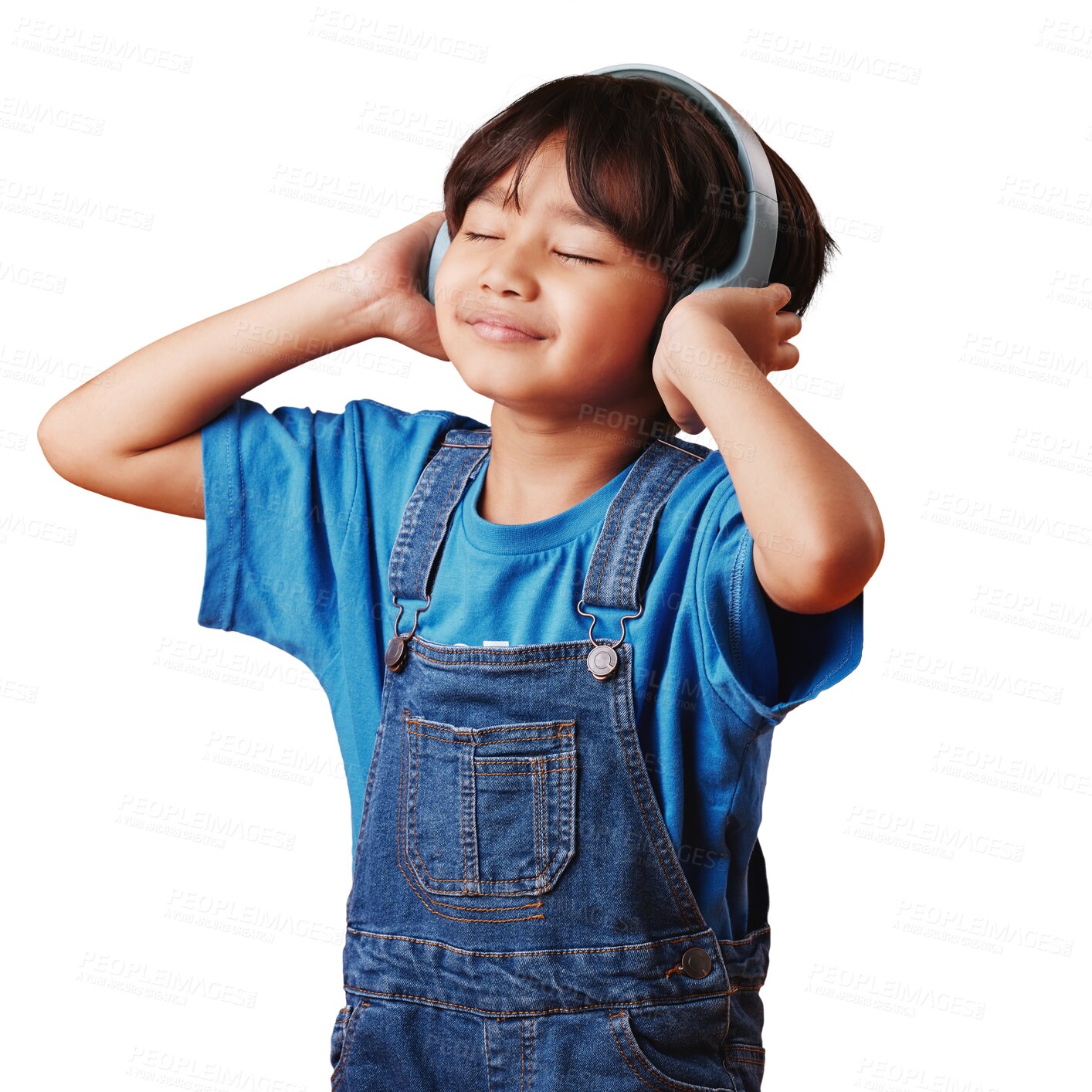 Buy stock photo Music, headphones and kid listening to sound isolated on a transparent png background. Happy child streaming radio, hearing podcast and relax to audio, hip hop or multimedia on internet for freedom