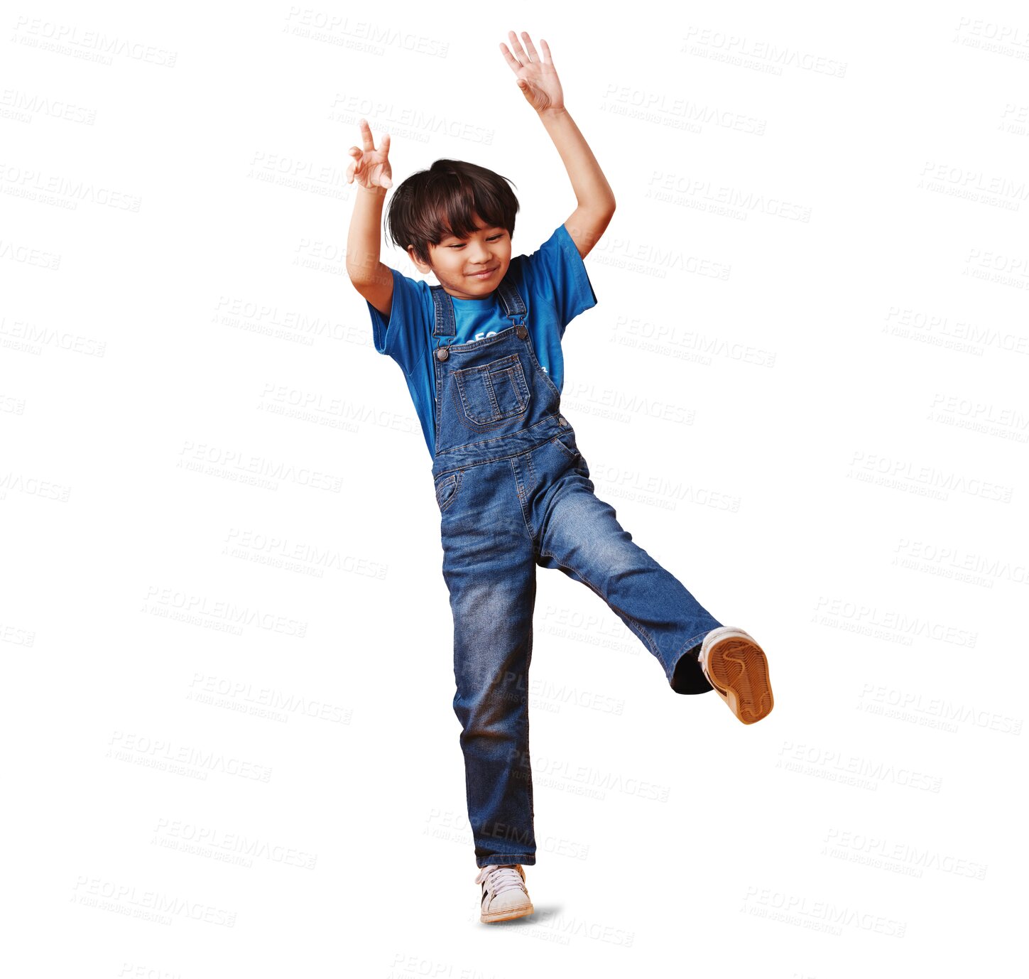 Buy stock photo Isolated child, playing and leg or happy and on a transparent png background with smile, stylish outfit and silly behaviour. Hands, energy and fun with casual clothes, active and asian kid jumping