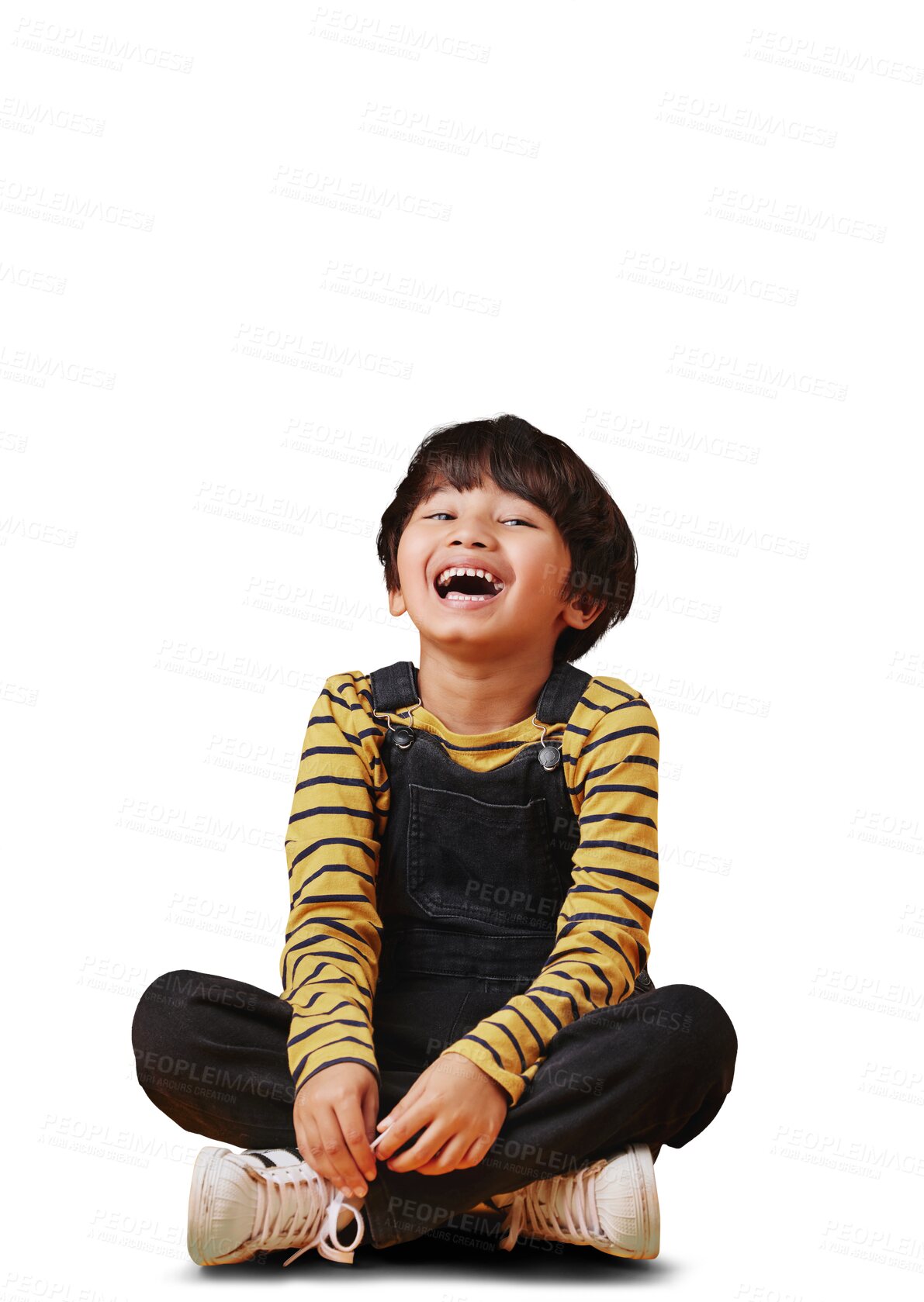 Buy stock photo Fashion, portrait and boy child on floor laugh, happy or excited on isolated, transparent or png background. Comic, style and kid model with comedy, humor or reaction to crazy, silly or funny joke