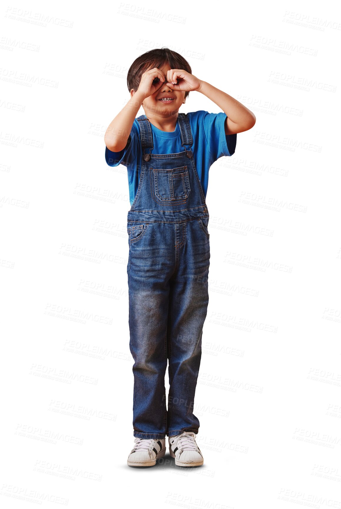 Buy stock photo Boy, eyes and funny with hand in binocular, shape or curious on face while search. Youth, model and child standing for game on isolated or a transparent background for focus, scavenger hunt or vision