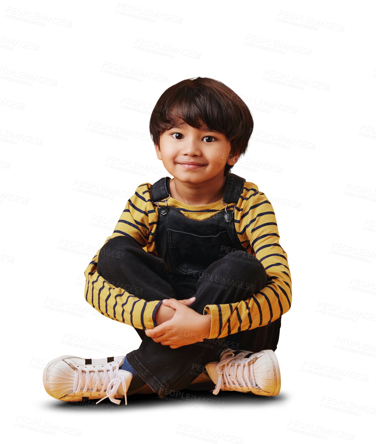 Buy stock photo Portrait, fashion and a cute indian kid isolated on a transparent background for children fashion. Smile, innocent and adorable with a young boy sitting on PNG in an clothes outfit for youth style