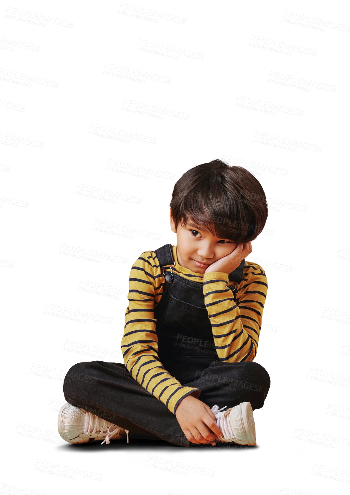 Buy stock photo Bored, boy child and hand on face sitting with tired, rest or depressed gesture on a png transparent background. Asian, person and kid with relax, sad or disappointed expression for mental health