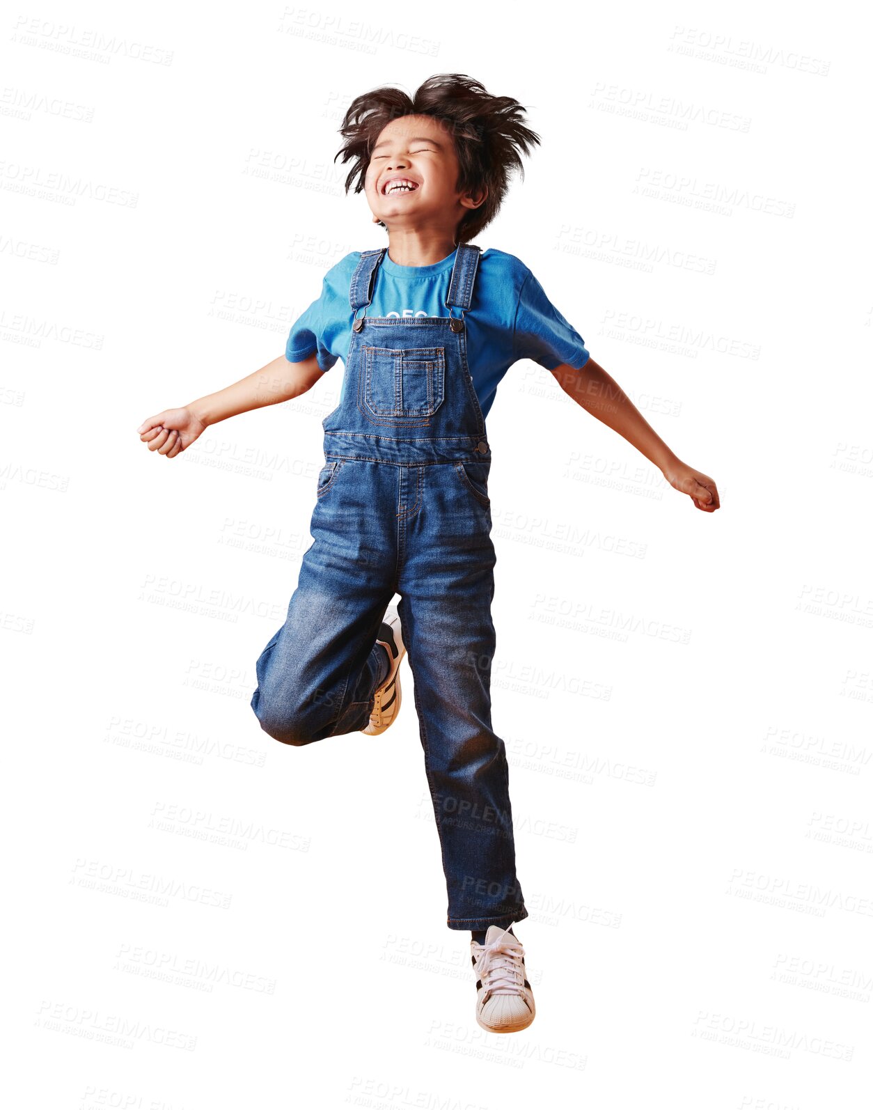 Buy stock photo Fashion, happy and boy child jumping with comic, excited and crazy expression with energy. Smile, excited and kid model with casual, trendy and children style isolated by transparent png background.