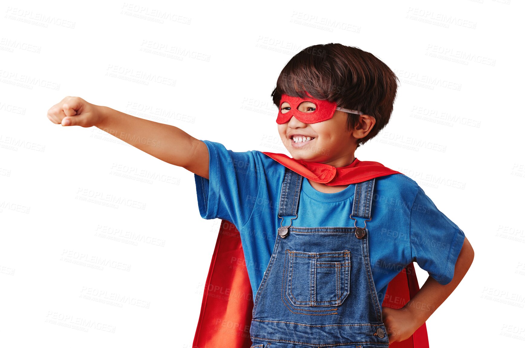 Buy stock photo Superhero mask, fly and child smile for pretend character, having fun and imagine fantasy, comic hero or crime safety. Cape costume, fearless courage or kid flight pose on transparent, png background