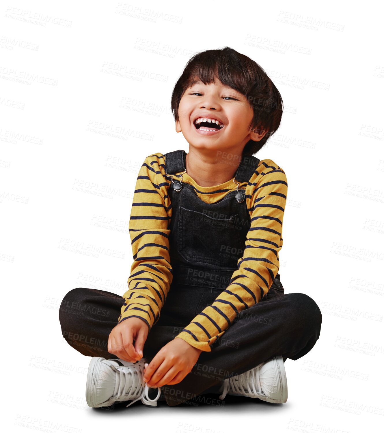 Buy stock photo Boy, kid relax on floor and laughing with funny joke and positive attitude isolated on png transparent background. Happy childhood, innocent and care free young child with energy, comedy and fun